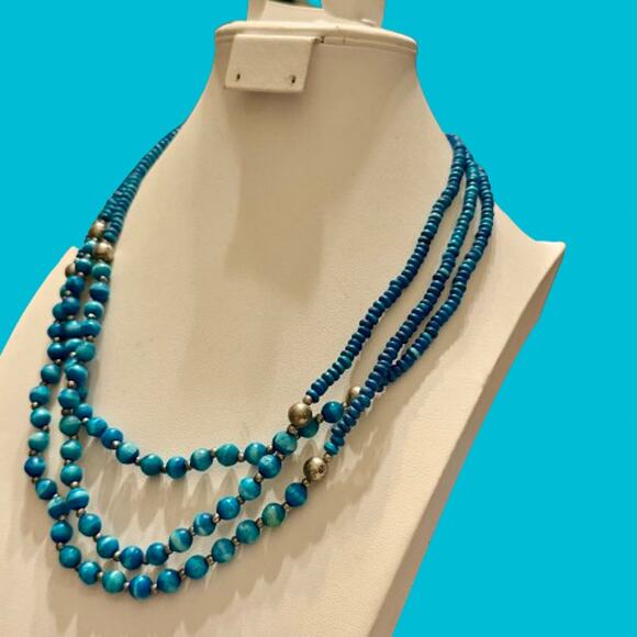 Tribal Triple Blue Beaded Strand Necklace - Picture 3 of 9